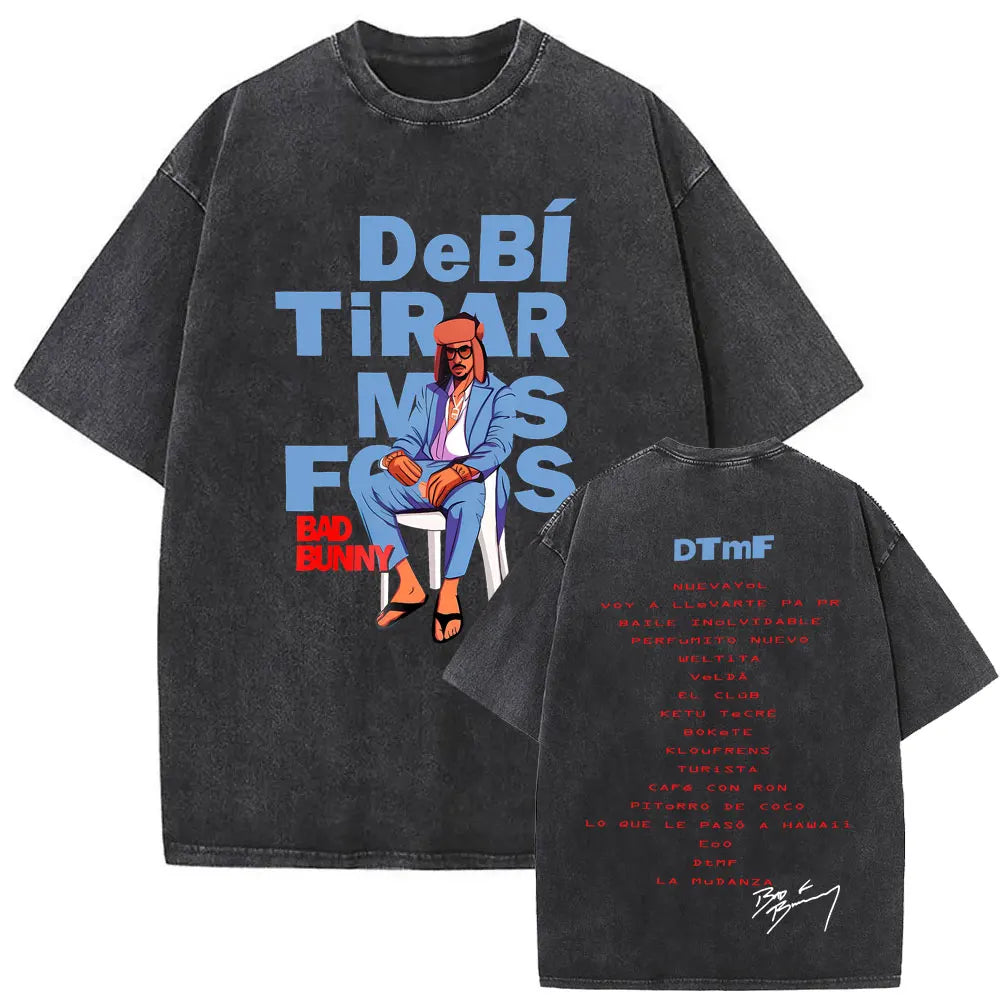 Washed Vintage Rapper Bad Bunny Debi Tirar Mas Fotos DTMF Graphic T Shirt Male Hip Hop Harajuku T-Shirt Men'S Oversized T-Shirts