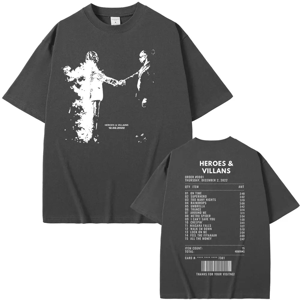 Rapper Metro Boomin Heroes & Villains Double Sided Print T-Shirts Men Women Hip Hop Vintage Oversize Tshirt Male Cool Streetwear