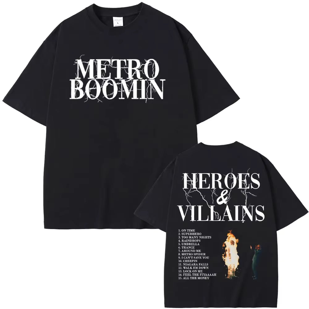 Rapper Metro Boomin Heroes & Villains Double Sided Print T-Shirts Men Women Hip Hop Vintage Oversize Tshirt Male Cool Streetwear