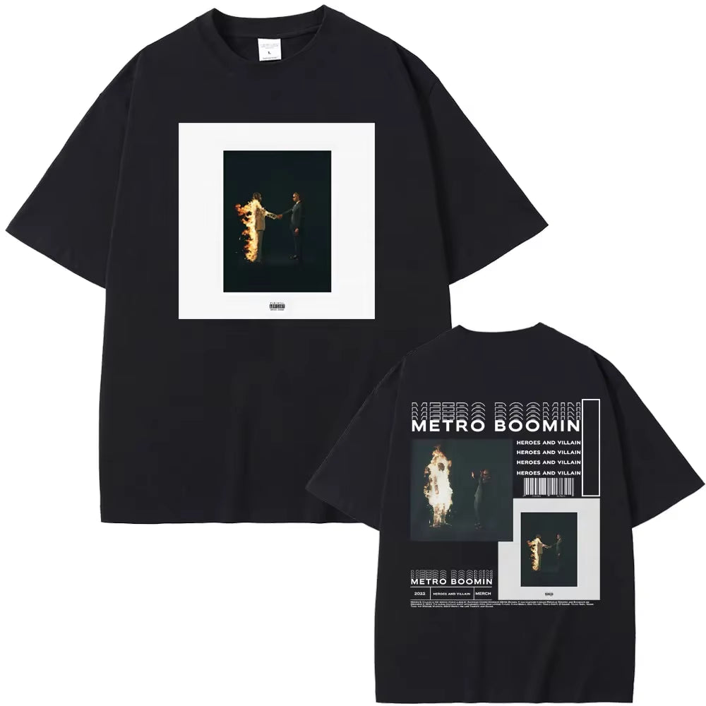 Rapper Metro Boomin Heroes & Villains Double Sided Print T-Shirts Men Women Hip Hop Vintage Oversize Tshirt Male Cool Streetwear