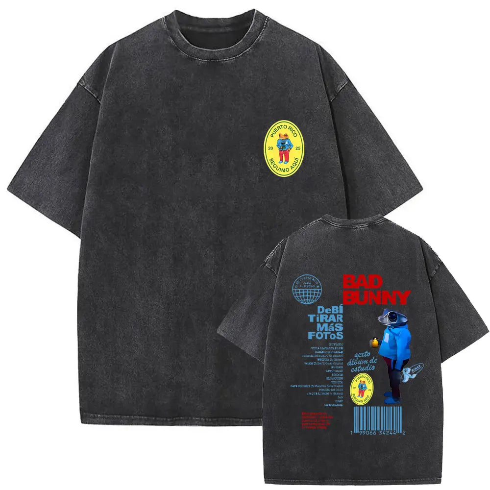 Washed Vintage Rapper Bad Bunny Debi Tirar Mas Fotos DTMF Graphic T Shirt Male Hip Hop Harajuku T-Shirt Men'S Oversized T-Shirts