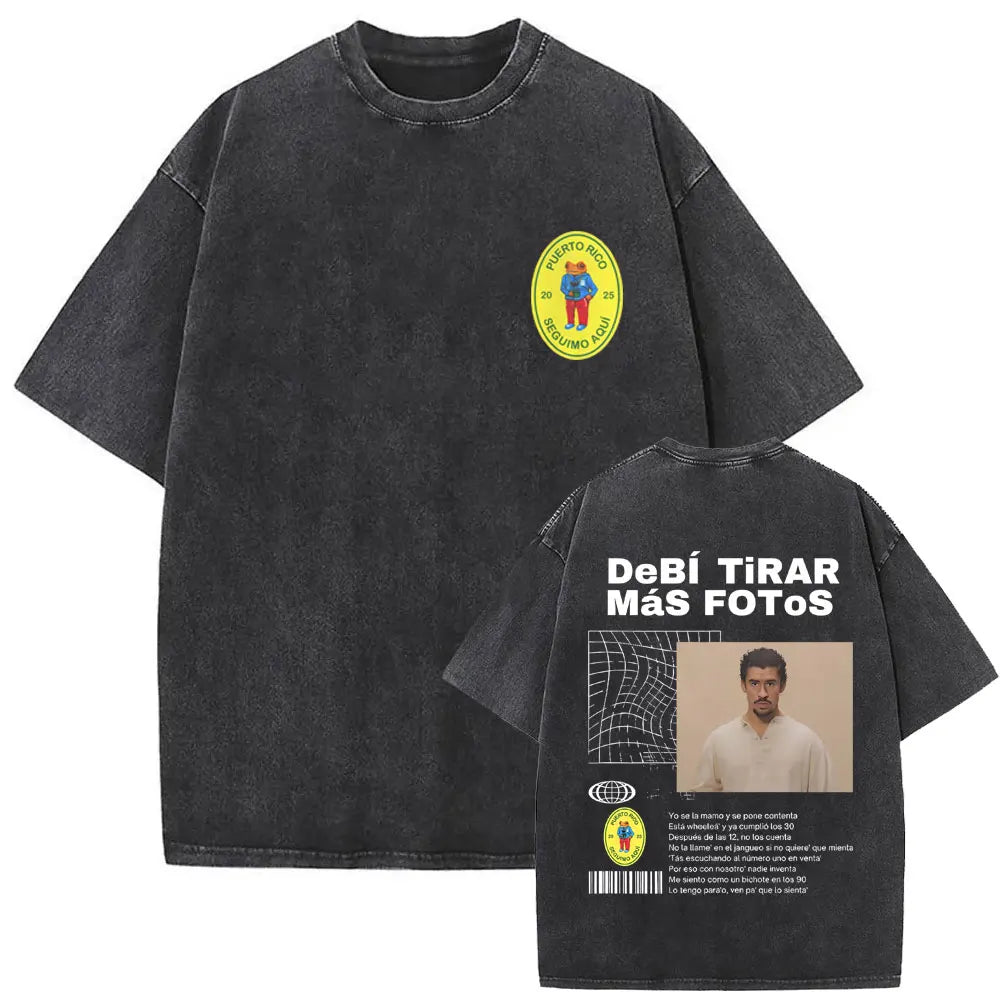 Washed Vintage Rapper Bad Bunny Debi Tirar Mas Fotos DTMF Graphic T Shirt Male Hip Hop Harajuku T-Shirt Men'S Oversized T-Shirts