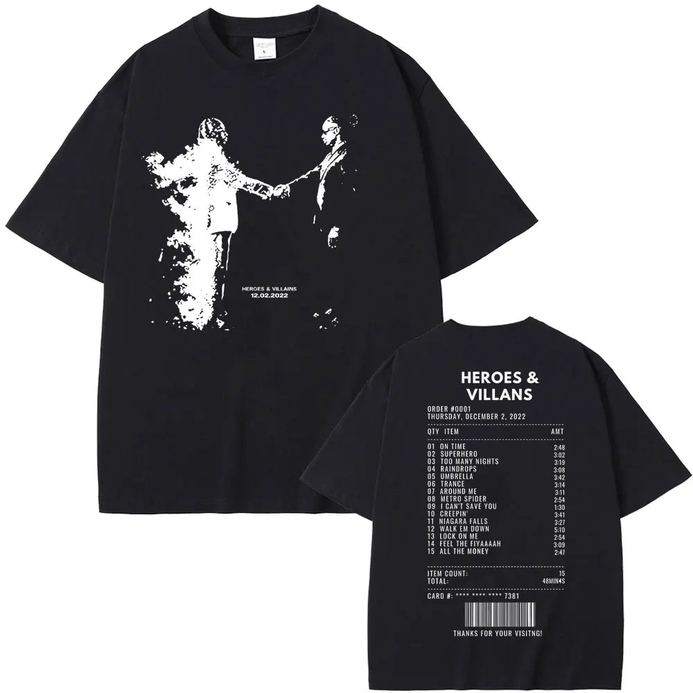 Rapper Metro Boomin Heroes & Villains Double Sided Print T-Shirts Men Women Hip Hop Vintage Oversize Tshirt Male Cool Streetwear